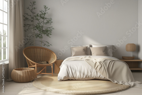 Modern white and clean bedroom, Minimal style, Green plant in white room, Interior design, Scandinavian design, wooden furniture