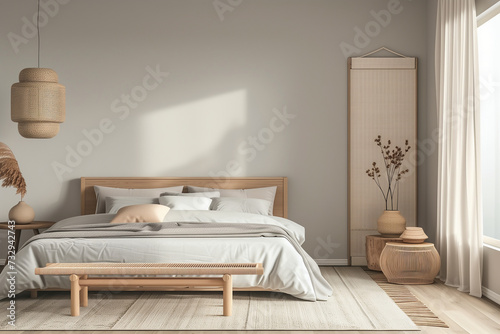 Modern white and clean bedroom, Minimal style, Green plant in white room, Interior design, Scandinavian design, wooden furniture