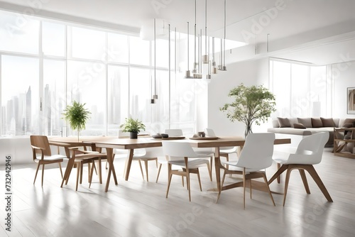 White living room and modern dining room with wooden furniture