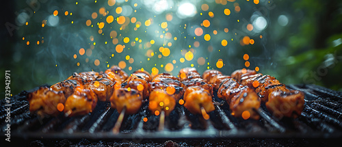 a many skewered meats on a grill with smoke coming out of them