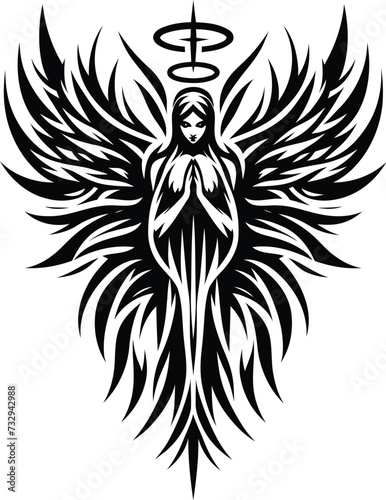 modern tribal tattoo angel praying, abstract line art of mythological creatures, fantasy, minimalist contour. Vector