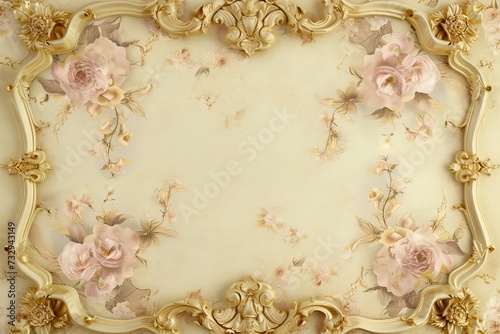 Abstract ornamental vintage aesthetics marble framed wall hanging, in the style of intricate frescoes ceiling design. Luxurious baroque style patchwork patterns. Decorative borders with gold.