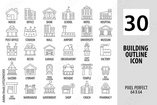 Building icon set. outline icon pixel perfect for web and mobile app.