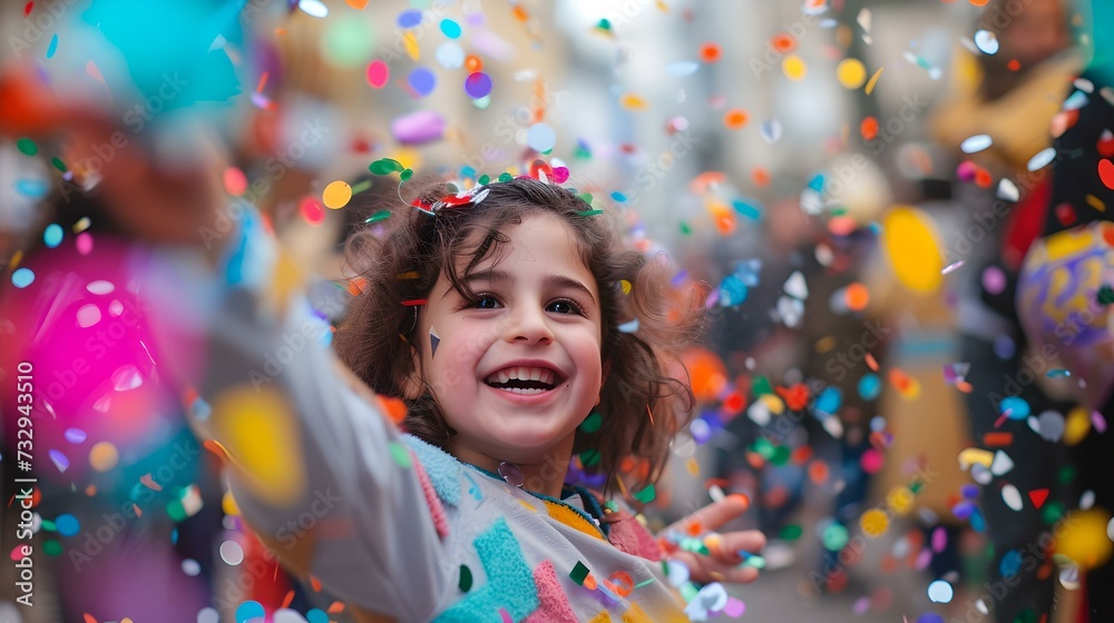 Joyful child celebrating with colorful confetti. candid moment of happiness. perfect for festive occasions. AI