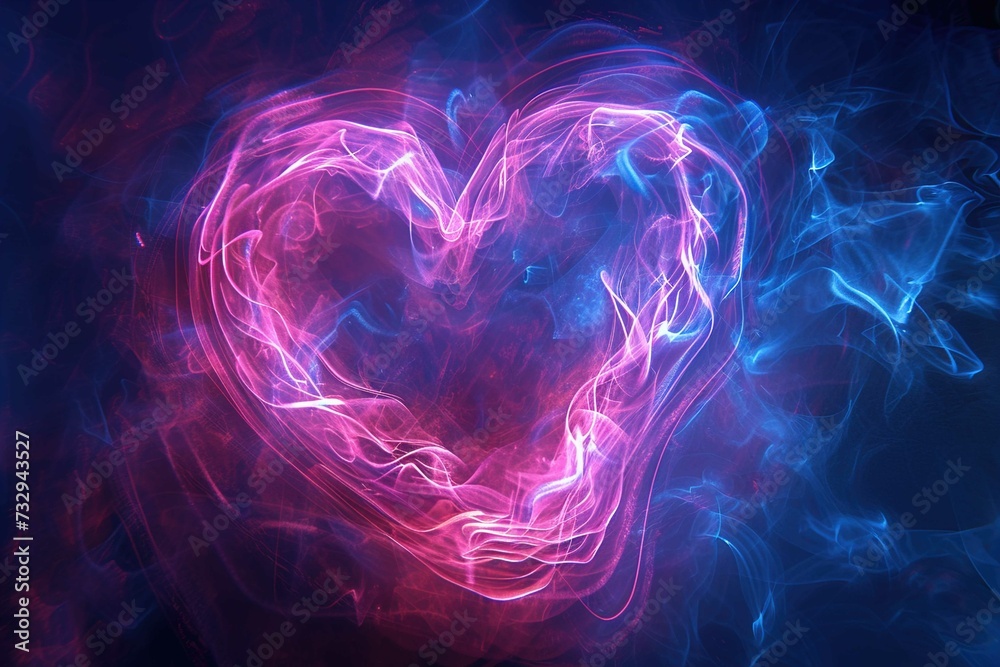 Abstract digitally manipulated neon pink drawing in the shape of heart on the dark background, in the style of dark purple and light navy Abstract digitally manipulated neon pink drawing in the shape of heart on the dark background, in the style of dark purple and light navy