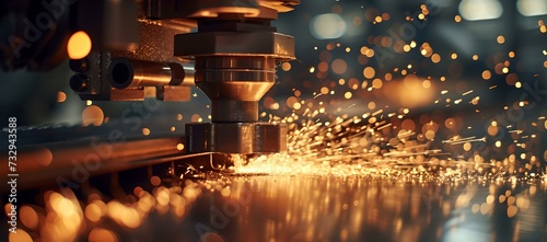 Close-up view of a high-precision machine at work creating sparks. industrial equipment in operation. manufacturing process captured in detail. cutting-edge technology in action. AI