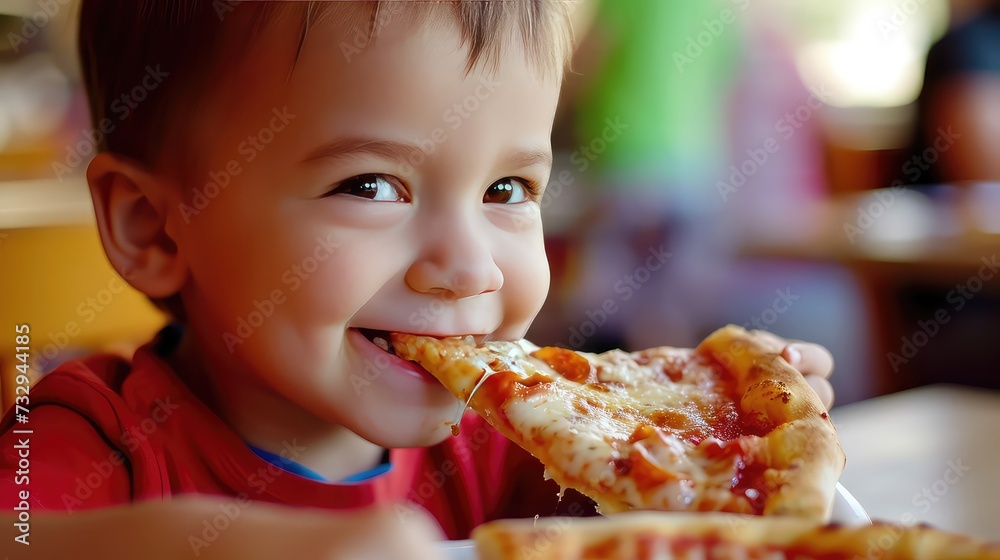 Cute little boy eating pizza in a pizzeria, close up