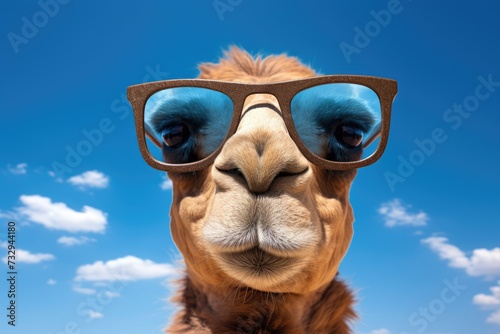 Smart looking Camel face wearing sunglasses, Camel wearing sunglasses against blue sky with clouds. 3d rendering. Ai generated