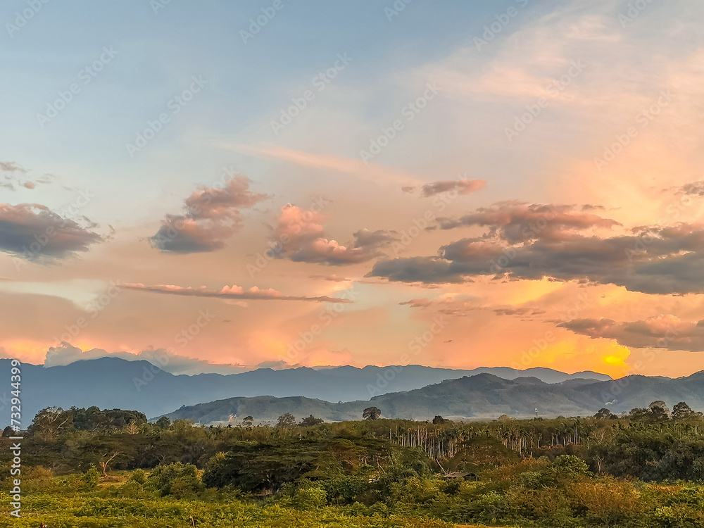 Sunset beautiful landscape  mountains and lake of Kathun reservoir,located in Phipun District, Nakhon Sri Thammarat