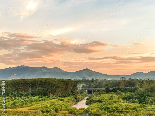 Sunset beautiful landscape mountains and lake of Kathun reservoir,located in Phipun District, Nakhon Sri Thammarat