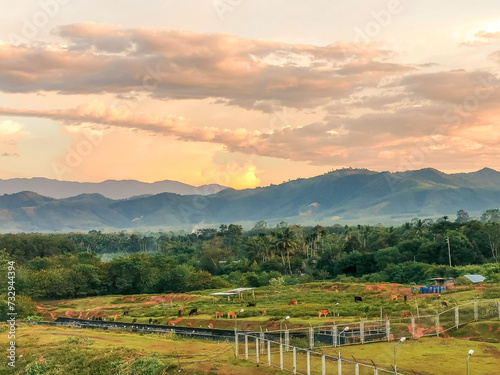 Sunset beautiful landscape mountains and lake of Kathun reservoir,located in Phipun District, Nakhon Sri Thammarat