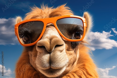 Smart looking Camel face wearing sunglasses, Camel wearing sunglasses against blue sky with clouds. 3d rendering. Ai generated © Tanu