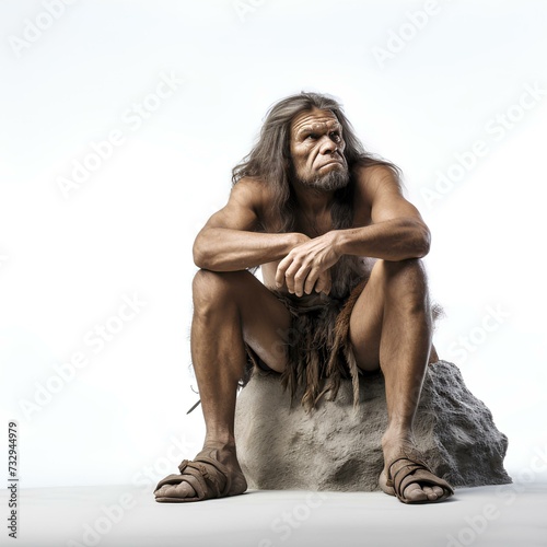 Neanderthal man sits on a stone on white background. Photo generated with AI. Religion