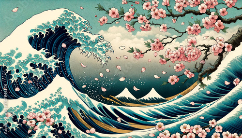 浮世絵風の桜と荒波