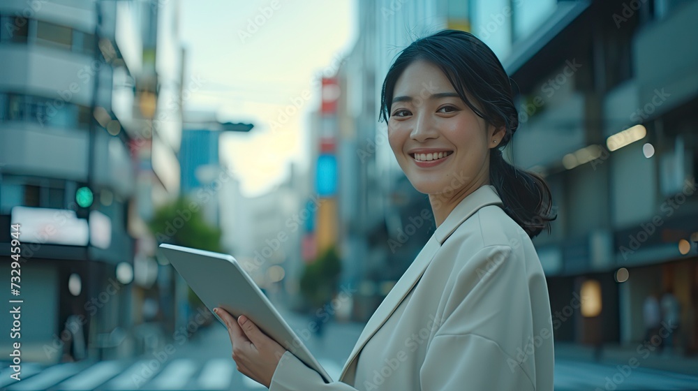 Smiling young Asian business woman leader entrepreneur, professional manager holding digital tablet using software applications standing on the street in big city on sky background - generative ai