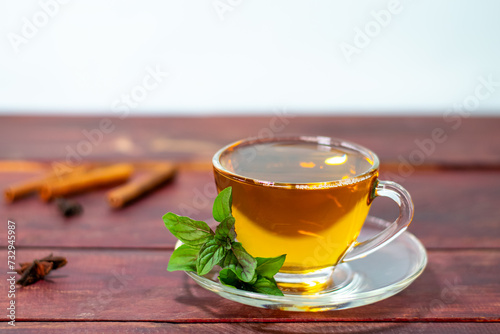Mint tea on a wooden table