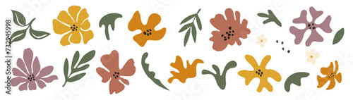 Set of hand drawn floral design elements  abstract shapes. Wild and garden flowers  leaves. Contemporary modern vector botanical art illustrations in trendy colors isolated on transparent background.