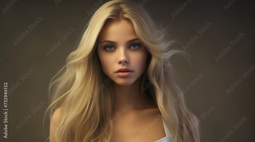 A young female model with blond long hair, with awareness, concern and sensibility feel. 
