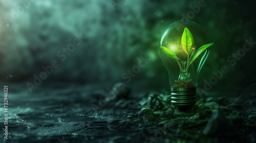 green energy light bulb with a plant and leaves on a dark background. bulb plant concept. renewable and clean energy. Ecology. Generative AI	 photo