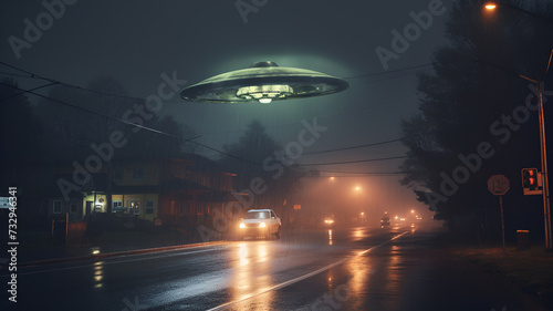 Enigmatic Encounter  Photograph of UFO Hovering in Rainy Night Sky  Conjuring Mysterious Atmosphere