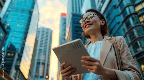 Smiling young Asian business woman leader entrepreneur, professional manager holding digital tablet using software applications standing on the street in big city on sky background - generative ai