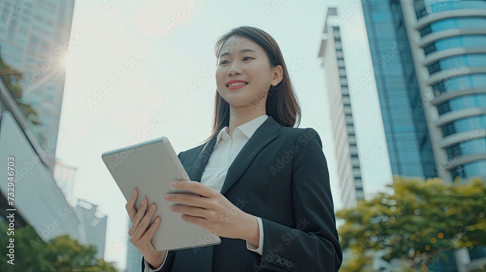 Smiling young Asian business woman leader entrepreneur, professional manager holding digital tablet using software applications standing on the street in big city on sky background - generative ai Smiling young Asian business woman leader entrepreneur, professional manager holding digital tablet using software applications standing on the street in big city on sky background - generative ai