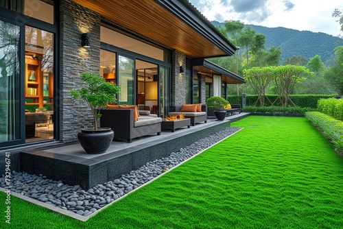 outdoor grass in backyard landscaping style inspiration ideas © NikahGeh