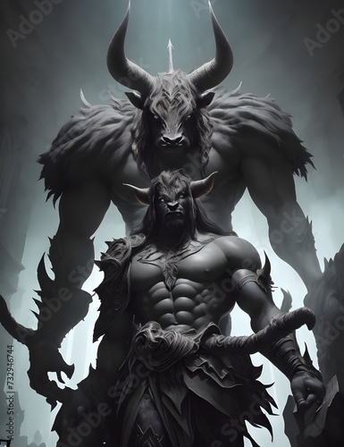 Powerful and Menacing Minotaur - A Captivating Depiction of a Mythical Creature Ready for Battle. This striking stock photo portrays an angry and fierce Minotaur, Greek mythology