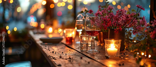 candles and flowers are sitting on a table with a glass of wine