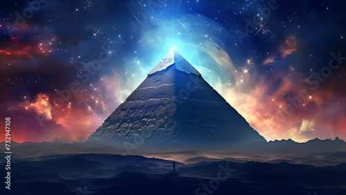 Pyramid of the Cosmos: Digital Artwork Enveloping a Majestic Pyramid in a Shimmering Galaxy, Inviting Viewers to Explore the Depths of Celestial Wonder photo