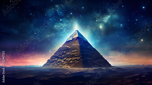 Pyramid of the Cosmos: Digital Artwork Enveloping a Majestic Pyramid in a Shimmering Galaxy, Inviting Viewers to Explore the Depths of Celestial Wonder photo