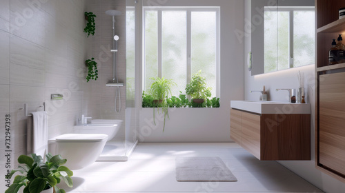Eco-Friendly Modern Bathroom with Natural Light. A modern bathroom emphasizing water conservation  with a low-flow showerhead  eco-friendly toilet  and natural light streaming in. 