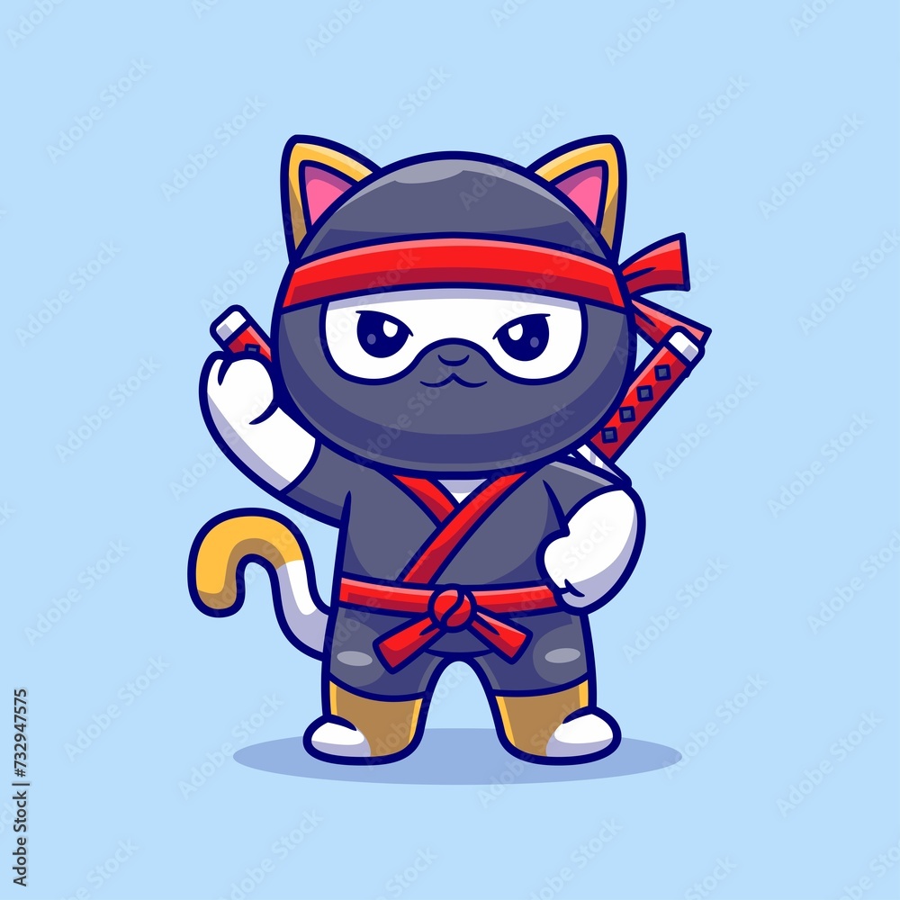 Cute Cat Ninja With Sword Cartoon Vector Icon Illustration Animal Holiday Icon Isolated Flat Vector