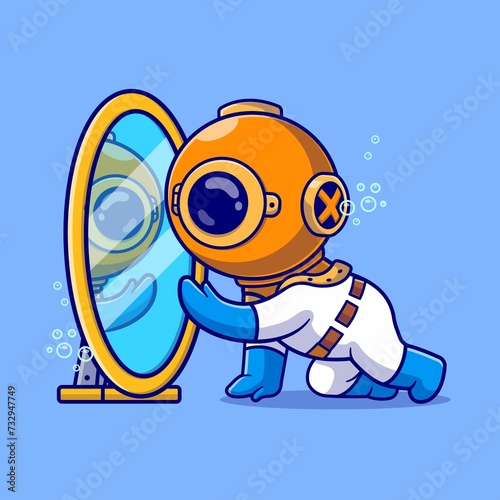 Cute Diver Look Mirror Cartoon Vector Icon Illustration Science Object Icon Isolated Flat Vector