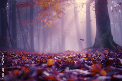A mystical autumn forest comes alive with hues of purple and orange, as mist weaves through the trees and leaves gently fall to the ground. © thanakrit