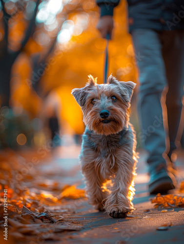 Autumn Stroll with a Small Dog, A small terrier dog looks up attentively during a walk on a path covered with autumn leaves, casting long shadows in the warm evening light. © thanakrit