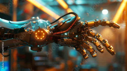 Futuristic Cyborg Hand with Orange Illumination, A futuristic cyborg hand with advanced mechanics and orange illuminated joints showcases state-of-the-art robotics.