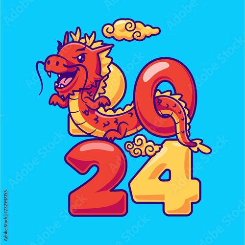Cute Dragon New Year 2024 Cartoon Vector Icon Illustration Animal Holiday Icon Isolated Flat Vector 2