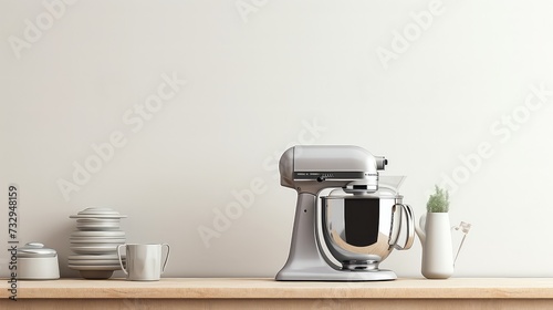 Modern electric mixer on a wooden shelf in the kitchen. 3d rendering