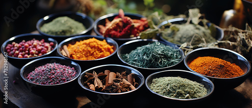 a assortment of spices in bowls on a table