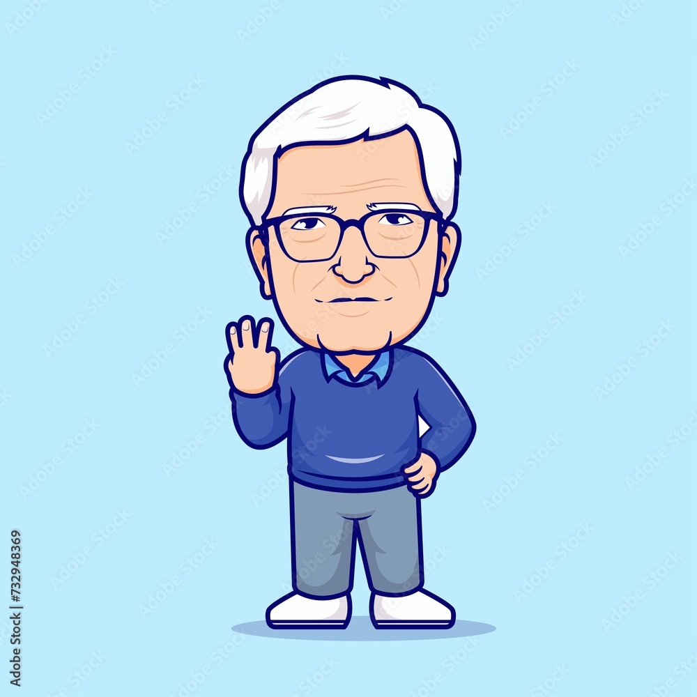 Cute Grandfather Standing With Three Finger Cartoon Vector Icon Illustration People Nature Isolated