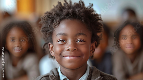 African boy at primary school Cute black kid in countryside looking at camera while with classmates in school,generative ai