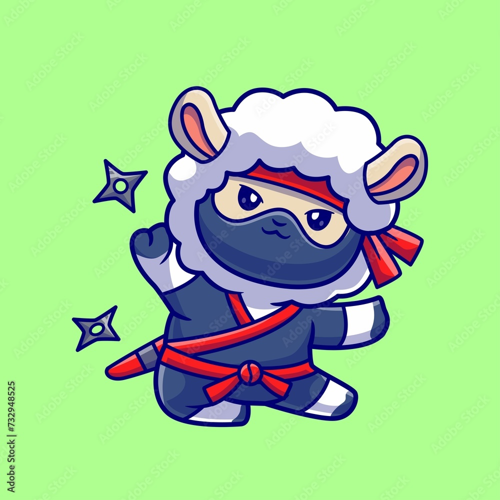 Cute Sheep Ninja With Shuriken Cartoon Vector Icon Illustration Animal Holiday Isolated Flat Vector