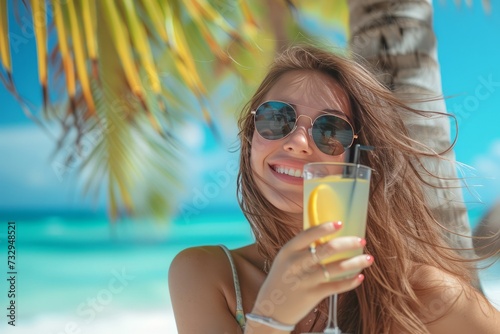 Portrait of a happy girl in sunglasses with a cocktail against the backdrop of a beautiful golden sunny beach with palm trees and the blue ocean. AI generative