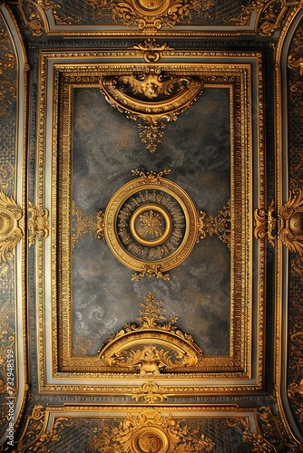 Abstract ornamental vintage aesthetics marble framed wall hanging, in the style of intricate frescoes ceiling design. Luxurious baroque style patchwork patterns. Decorative borders with gold.