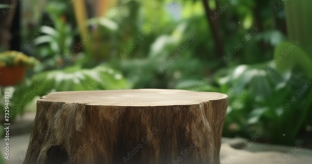 Wood tabletop counter podium floor in outdoors tropical garden forest blurred green blue leaf plant nature background Wood tabletop counter podium floor in outdoors tropical garden forest blurred green blue leaf plant nature background