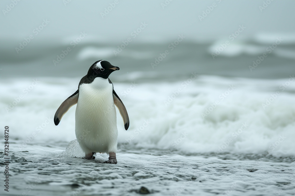 Naklejka premium Penguins live in the cold regions of the North and South Poles.