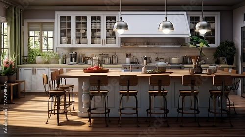 A spacious kitchen with a central island doubling as a dining table, surrounded by bar stools