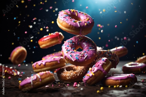 A bunch of donuts that are flying in the air. Mix of multicolored doughnuts, flying doughnuts scene mix of multicolored sweet donuts. Ai generated