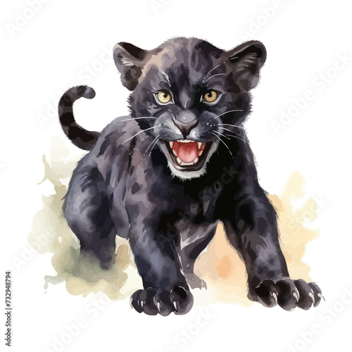 cartoon black panther running in watercolor painting style